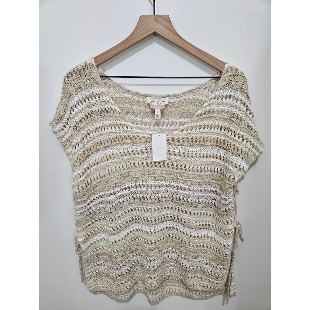 Jessica Simpson Nursing Knit Top Beige White Striped Crochet Side Tie Medium
